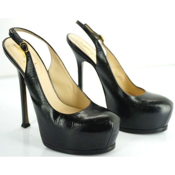 Saint Laurent Textured Patent Tribute Slingback Hidden Platform Pump SZ 37 $850 - Picture 10 of 10